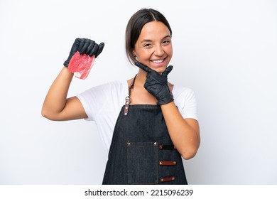 Butcher Hispanic Woman Wearing An Apron And Serving Fresh Cut Meat Isolated On White Background Happy And Smiling