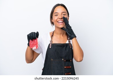 Butcher Hispanic Woman Wearing An Apron And Serving Fresh Cut Meat Isolated On White Background Shouting With Mouth Wide Open