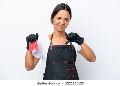 Butcher Hispanic Woman Wearing An Apron And Serving Fresh Cut Meat Isolated On White Background Showing Thumb Down With Negative Expression