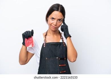 Butcher Hispanic Woman Wearing An Apron And Serving Fresh Cut Meat Isolated On White Background Thinking An Idea