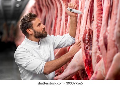 Butcher measuring pork temperature in the refrigerator at the meat manufacturing - Powered by Shutterstock