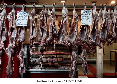 A Butcher Shop Inside A Public Market In Thessaloniki, Greece On Apr. 8, 2014