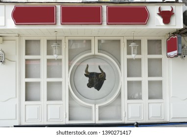 Butcher Shop Or 
Restaurant . Empty Signboard. Blank Billboard. 