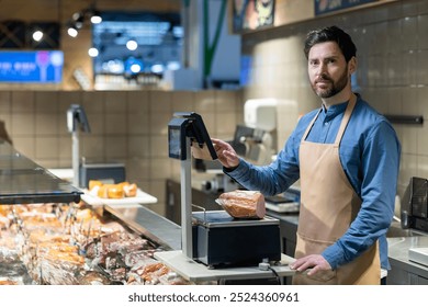 Butcher wearing apron at deli counter in supermarket presenting fresh meat selection. Confident attitude creating inviting atmosphere for customers. Professionalism highlighted by well-organized - Powered by Shutterstock