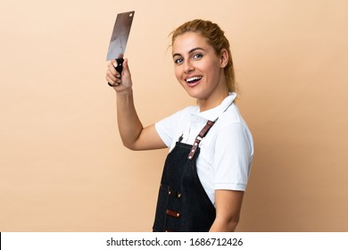 Butcher Woman Wearing An Apron Over Isolated Background