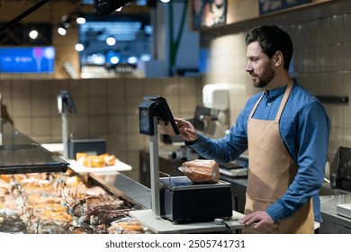 Butcher working in grocery store using digital scales to weigh deli meats. Scene shows professional in apron managing customer orders behind counter filled with packaged products under bright lights. - Powered by Shutterstock