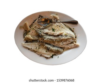 Butchered Grilled Plaice Fish Meet On Shiny White Ceramic Plate Top View Isolated On White