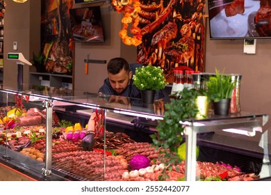 Butcher's shop salesperson arranging meat products in the butcher's fridge. Selection of different cuts of fresh meat raw red in a supermarket. Food industry. - Powered by Shutterstock