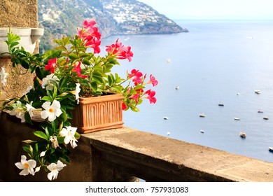 Butiful Flowers In The Pot On The Balcony With The Sea And Mountains View In Positano, Amalfi Coast, Italy