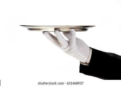 Butler Holding Empty Silver Tray In Gloved Hand. White Background