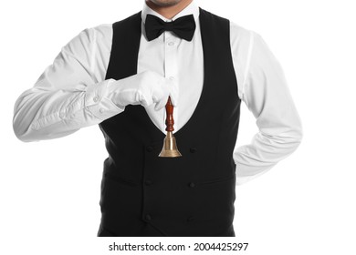 Butler holding hand bell on white background, closeup