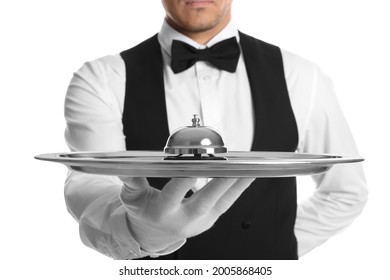 Butler holding metal tray with service bell on white background, closeup