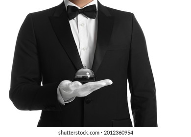 Butler holding service bell on white background, closeup