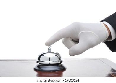 Butler ringing a service bell isolated over white