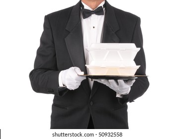 Butler In Tuxedo Torso Only Holding A Take-out Food Containers On A Tray  Isolated Over White