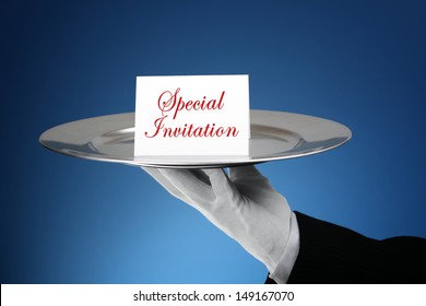 Butler Or Waiter Holding A Card Reading Special Invitation On A Silver Platter- Message Can Easily Be Changed