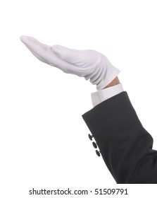 Butlers arm bent at elbow and hand held with palm facing up, Vertical format isolated over white.