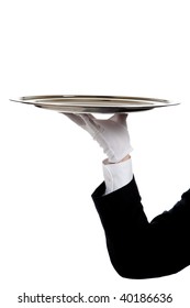 a butler's gloved hand holding a silver tray on a white background with copy space