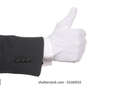 Butler's gloved hand making thumbs up gesture isolated over white. Hand and arm only in horizontal format.