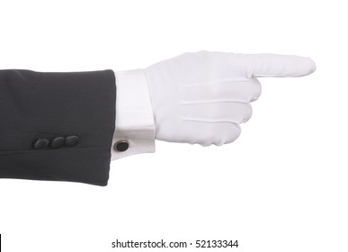 Butler's gloved hand pointing isolated over white. Hand and arm only in horizontal format. Can be rotated to be pointing in any direction.