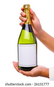 Butler's Hand Holding A Bottle Of Champagne. Label Was Removed, So You Can Place Your Own Label.