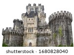Butron Castle (Basque: Butroeko gaztelua) isolated on white background. It is located in Gatika, in the province of Biscay, in northern Spain.