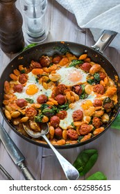 Butter Beans, Chorizo And Spinach Baked Eggs - Top View