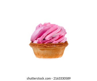 Butter Cake With Pink Cream In A Shortbread Tart On A White Background.