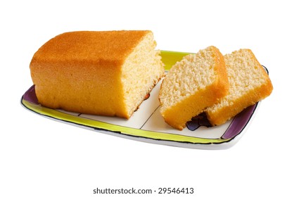 Butter Cake And Slices On Plate Isolated