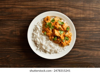 Butter chicken with basmati rice on white plate on wooden background. Traditional indian dish chicken tikka masala. Top view, flat lay. - Powered by Shutterstock