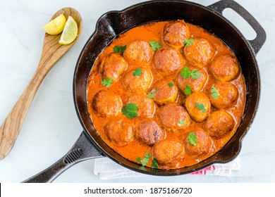 Butter Chicken Meatballs In A Skillet On White Background Flat Lay Top Down Photo, Indian Food Photography