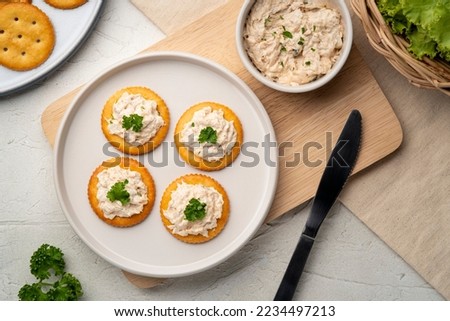 Butter cracker with tuna spread on cutting board,snack food.Top view