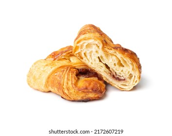 Butter croissant cross section, showing texture. Puff pastry pie isolated, sweet kipferl cut, buttery flaky viennoiseries, layered yeast leavened dough pastry on white background