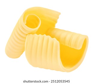 Butter curls isolated on white background. Fresh Twisted milk butter rolls close up
