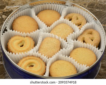 Butter Shortbread Cookies In Paper Cups In Round Cookie Tin