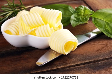 Butter Swirls. Margarine Or Spread, Fatty Natural Dairy Product. High-calorie Food For Cooking And Eating