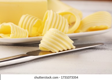 Butter Swirls. Margarine Or Spread, Fatty Natural Dairy Product. High-calorie Food For Cooking And Eating