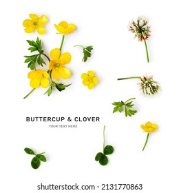 Buttercup flowers creative composition. Meadow buttercups with leaves isolated on white background. Floral arrangement, design element. Springtime and summer wildflowers. Top view, flat lay 
 - Powered by Shutterstock