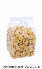 Buttered Popcorn In Plastic Bag Fir Sale On White Background