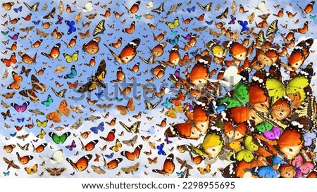 Butterflies and moths migrating flight. Isolated on a blue sky background. Wildlife. Insects. Colors. Nature