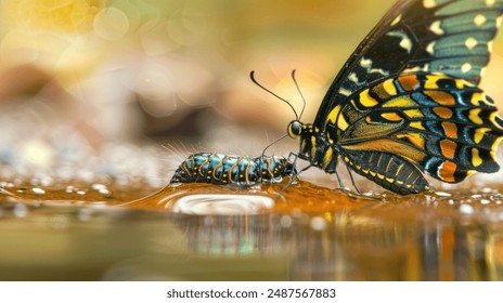 A butterfly and caterpillar drinking water from the same puddle, macro photography of nature - Powered by Shutterstock