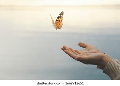 butterfly flies free from a woman's hand