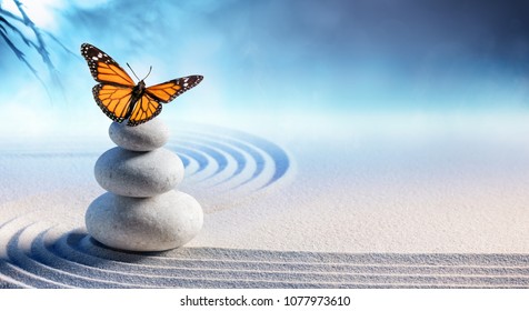 Butterfly On Massage Stones In Zen Garden
