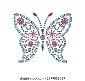 Butterfly rhinestones design. Retro, colorful crystal stones for fashion garments.