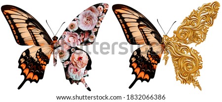 Butterfly with a wing of flowers and baroque