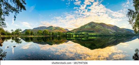 Buttermere Lake Panorama At Sunrise. Lake District. England