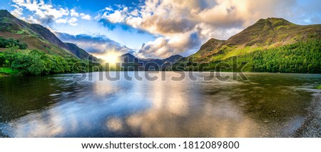 Buttermere lake panroama at sunrise. Lake District park. Cumbria. England