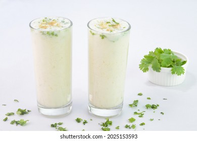 Buttermilk Drink In Glass Cups On White Background