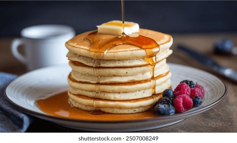 Buttermilk Pancakes: Fluffy, golden pancakes made with tangy buttermilk, perfect for soaking up butter and maple syrup at breakfast.