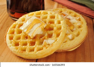 Buttermilk Waffles With Maple Syrup And Butter - Shallow Depth Of Field, Focus On Front